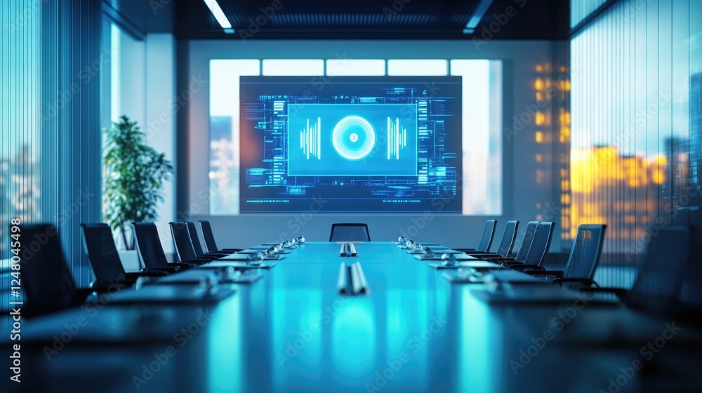 A modern conference room with a large screen and chairs A modern conference room with a large screen and chairs