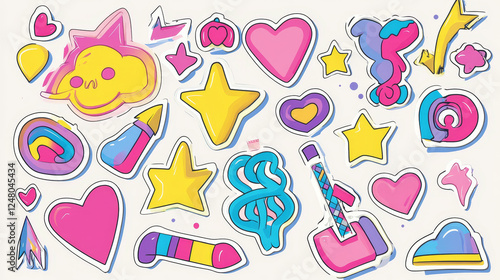Wallpaper Mural Y2k style stickers set isolated on white background. Vector illustration of pink, blue, yellow love, cool, lucky, star patches, pixel heart, flower, emoji shape icons, retro vibe design elements Torontodigital.ca
