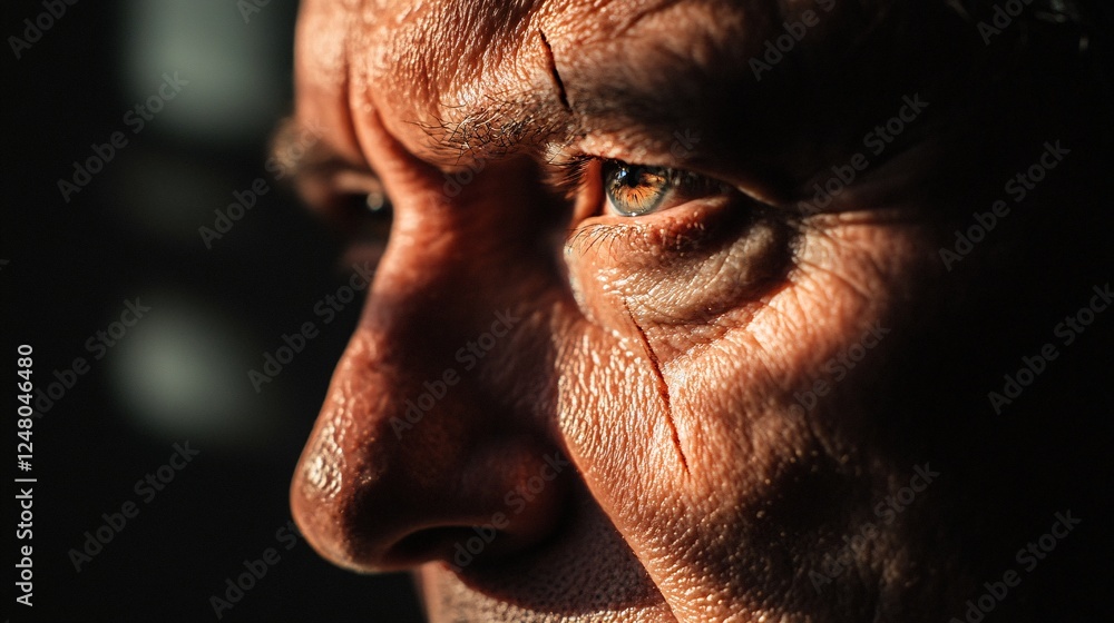 A man's face with an old, healed scar running diagonally across the forehead, emphasized by strong contrast lighting A man's face with an old, healed scar running diagonally across the forehead, emphasized by strong contrast lighting