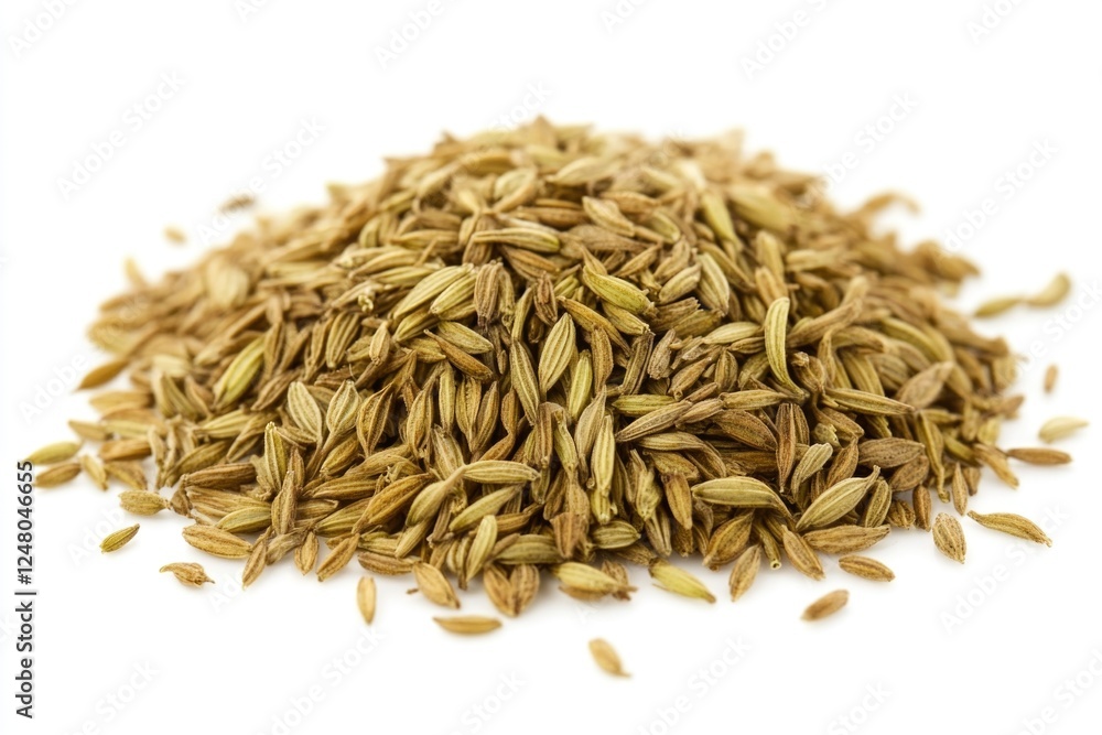 Close-up shot of a pile of fennel seeds on a white surface, ideal for use in food-related or texture-focused designs Close-up shot of a pile of fennel seeds on a white surface, ideal for use in food-related or texture-focused designs