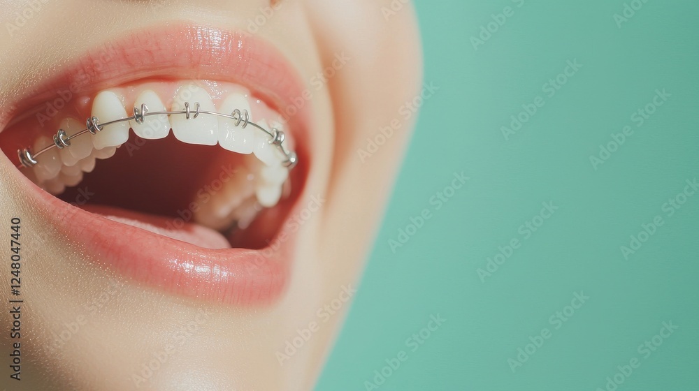 Obraz premium Smiling person with braces showing healthy teeth and happy vibe.