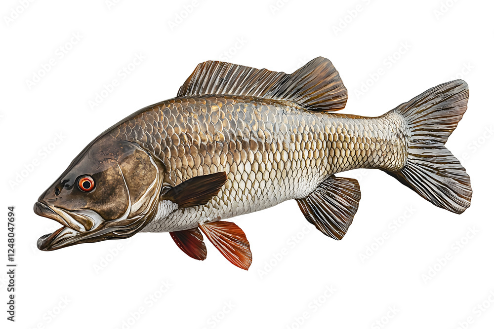 Naklejka premium Asian seabass fish or Barramundi isolated on cut out PNG or transparent background (Lates calcarifer) is species of catadromous fish in family. Realistic animal fish clipart template pattern.