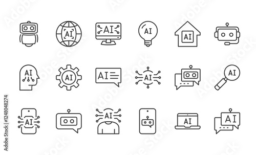 Ai related line icons set, chat bot, voice assistant, ai technology, vector eps10 illustration