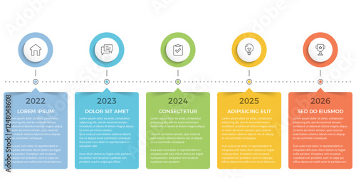 Timeline infographic template with five rectangular elements symbolizing events or milestones and five circles for icons, vector eps10 illustration