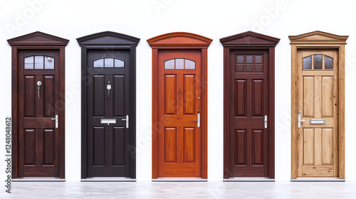 Set of front doors isolated on white background. Vector cartoon illustration of brown, green, blue wooden doors with doorknobs, decorative glass windows, mail slots, retro building design elements