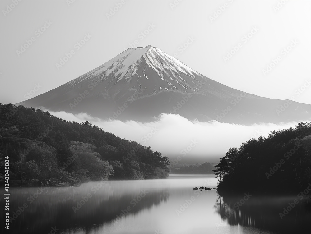 Fototapeta premium Dark forest and mountains, black and white foggy landscape