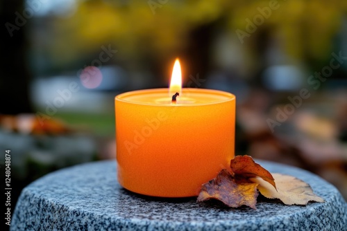 A lit candle placed on top of a stone table, great for interior or still life photography photo