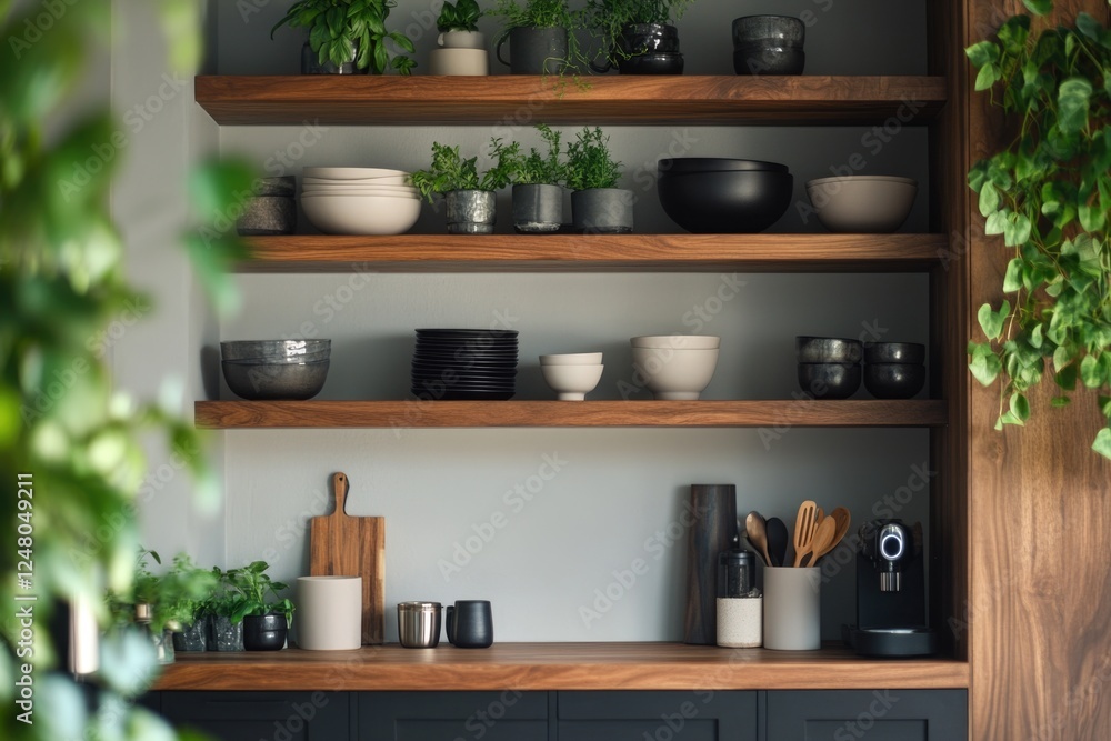 A wooden shelf featuring black and white dishes, perfect for use in kitchen or dining scene A wooden shelf featuring black and white dishes, perfect for use in kitchen or dining scene