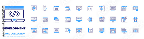 Development icon collection. Bold line style. Duotone colors. development, webdevelopment, code, coding, layout, css, view, book