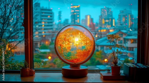 Illuminated Globe at Night: A Captivating City View from a Window photo