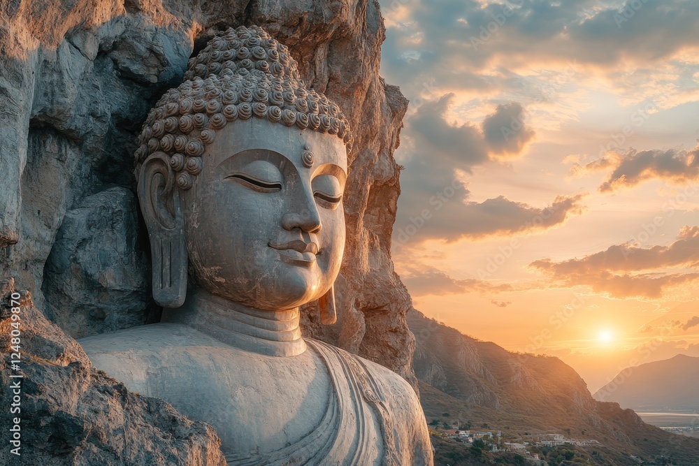 Fototapeta premium Serene Buddha statue sunset mountain cliff