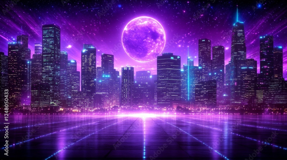 Obraz premium Futuristic Cityscape Underneath a Glowing Purple Moon Nighttime Metropolis Digital Art