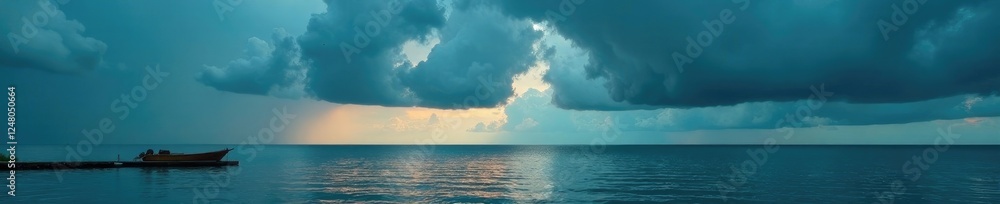 Obraz premium a small boat on a dock with dark storm clouds covering the sky, clouds, nature