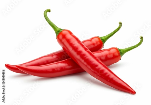 A simple yet elegant culinary image features two red chili peppers with green stems, displayed on a white surface with a reflection to emphasize their appeal