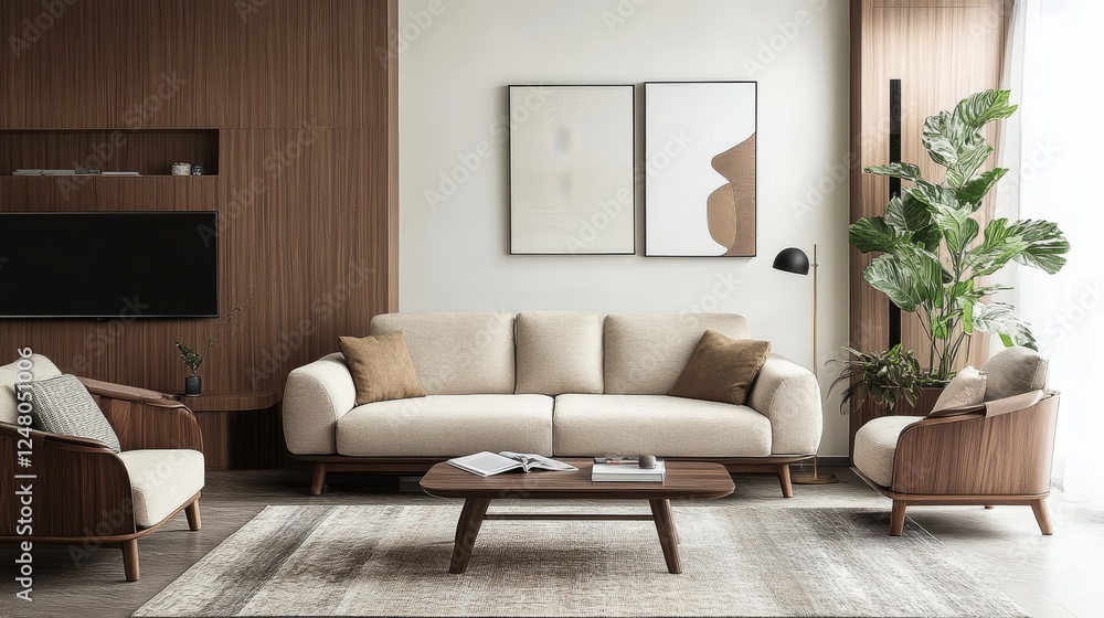 Fototapeta premium Modern living room with beige sofa and wooden armchairs