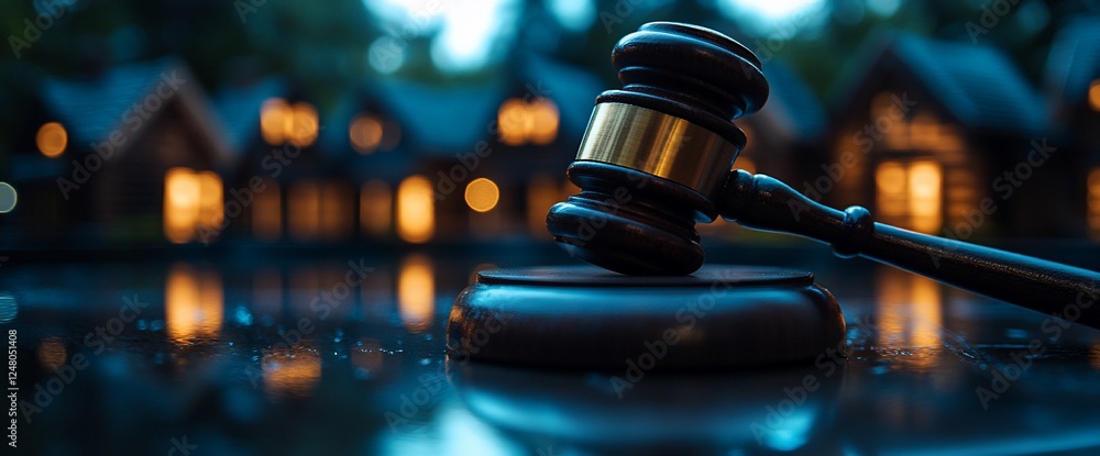 Gavel rests on block, houses blurred background, auction concept Gavel rests on block, houses blurred background, auction concept