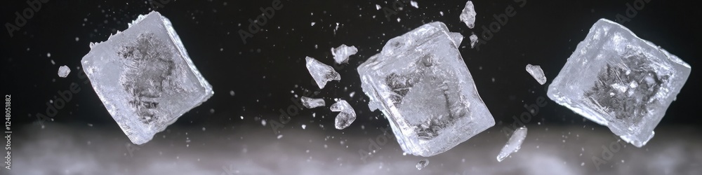 Obraz premium Three pieces of ice falling from a dark surface, a moment frozen in time