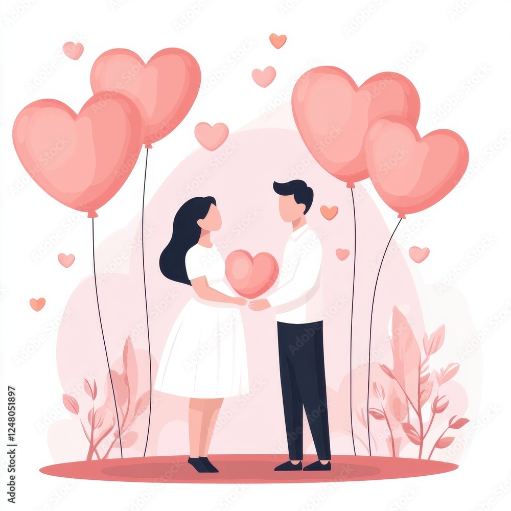 Romantic Couple Holding Heart Surrounded by Heart Balloons in Soft Pink and White Color Palette Romantic Couple Holding Heart Surrounded by Heart Balloons in Soft Pink and White Color Palette