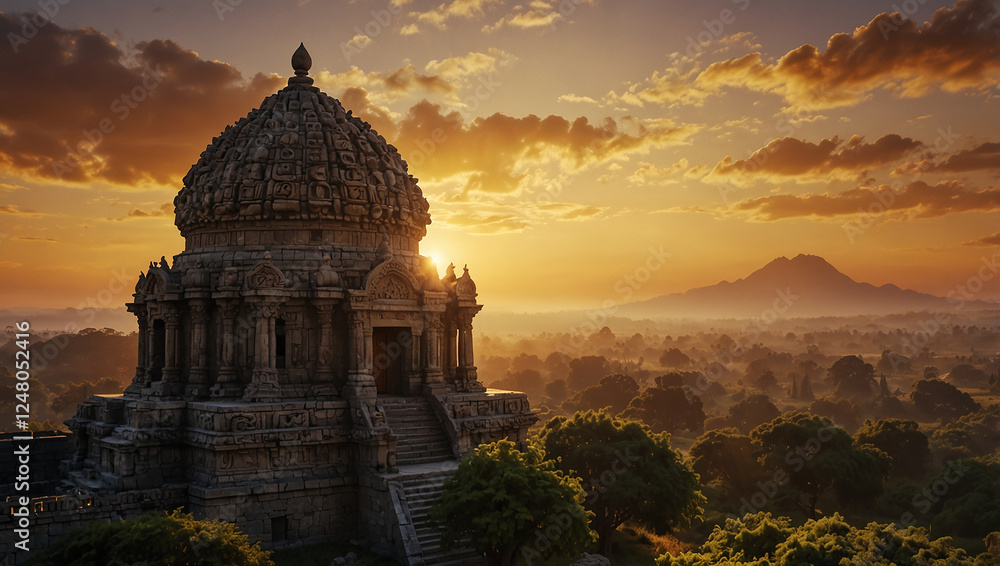 Fototapeta premium Complex, sunlit stone temple architecture. The architectural design, in context with other images on the page, is likely fictional and created with generative AI tools.