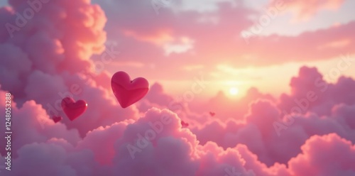 Tiny delicate heart shapes suspended in a soft pink cloudy sky at dusk with warm hues, tiny, cloudy, delicate