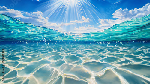 Sea bottom view under blue sky. Vector realistic illustration of underwater background, sunlight rays penetrating ocean, river, lake water, air bubbles in aqua, waterline with transparent clear waves