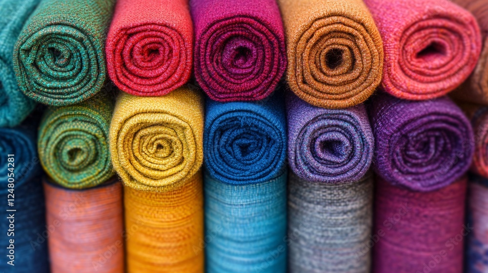 Rolled fabrics in vivid colors, artistically arranged to showcase a rainbow of textiles, emphasizing texture, pattern, and vibrant design Rolled fabrics in vivid colors, artistically arranged to showcase a rainbow of textiles, emphasizing texture, pattern, and vibrant design