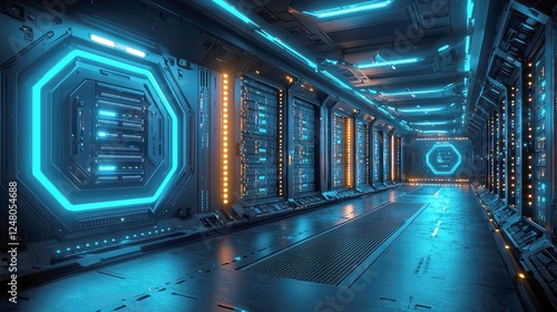 Cyberpunk Server Room: Futuristic Data Center Corridor, Neon Lights, Sci-Fi Technology, Digital Network, Abstract Design