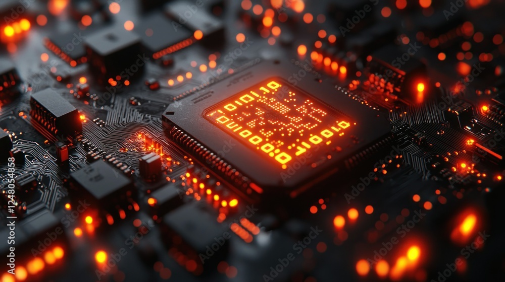 Illuminated CPU on Circuit Board, Data Processing Illuminated CPU on Circuit Board, Data Processing