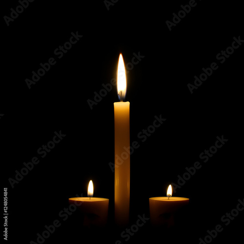 Three face candles lit in dark setting, background photo