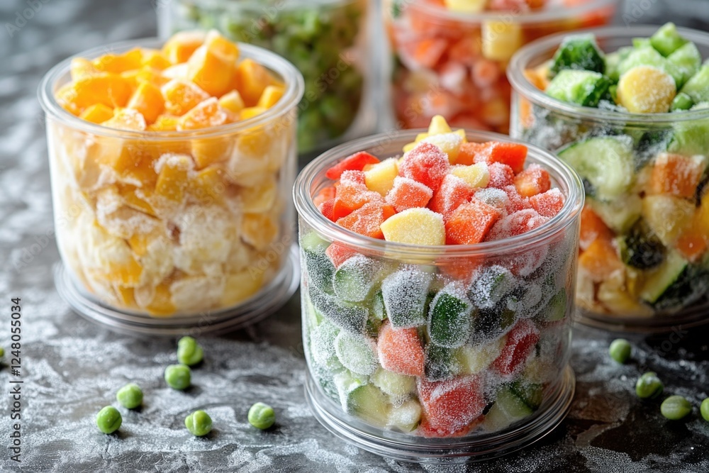 Assorted frozen produce stored in transparent plastic containers, great for meal prep or snacking Assorted frozen produce stored in transparent plastic containers, great for meal prep or snacking