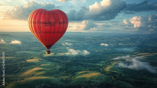 A heart-shaped hot air balloon over green hills.