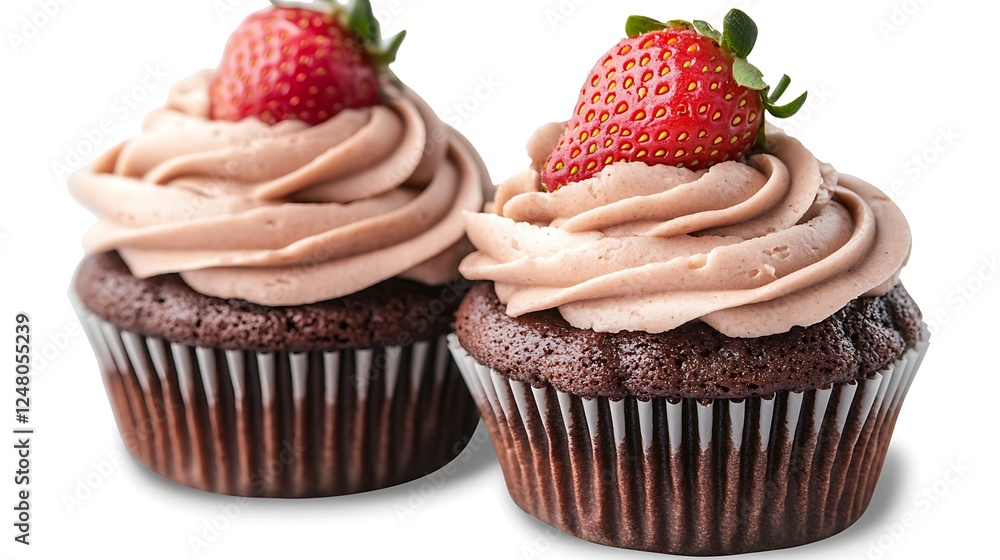 Two chocolate cupcakes with strawberry frosting Two chocolate cupcakes with strawberry frosting