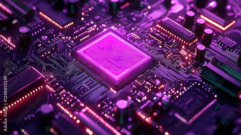 Obraz premium Illuminated CPU on circuit board, tech background (1)