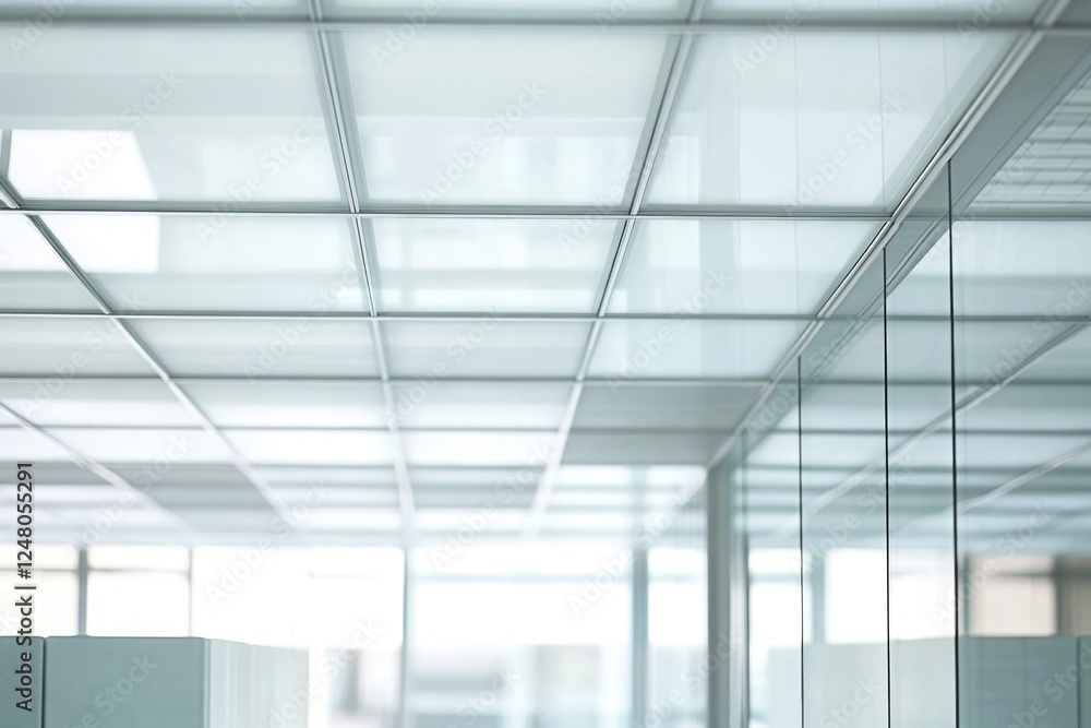 Modern office space with multiple desks and glass partitions separating each workspace Modern office space with multiple desks and glass partitions separating each workspace