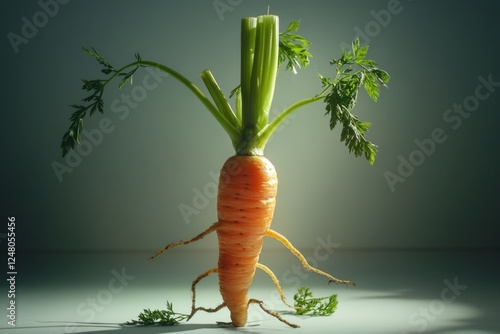 A single carrot with its stalk still attached photo