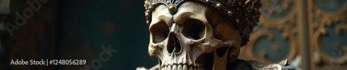 Skull with intricate stone carvings and ornate metalwork crown, allure, sophistication, ancient