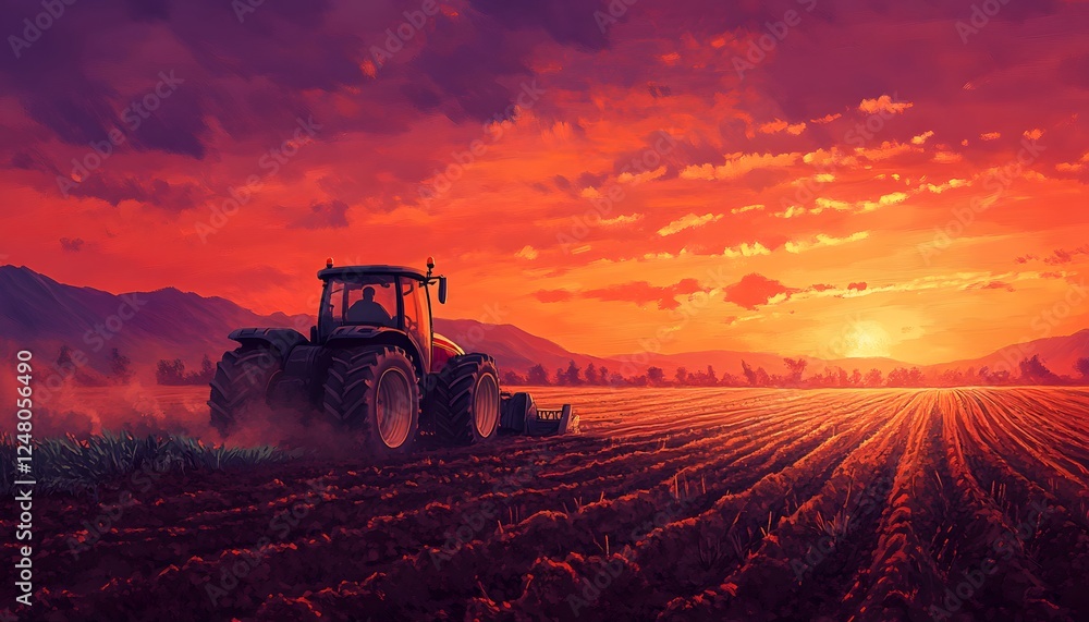 Fototapeta premium Tractor working in field at sunset with dramatic sky