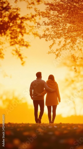 Romantic couple walking hand in hand during sunset in a picturesque park filled with autumn leaves