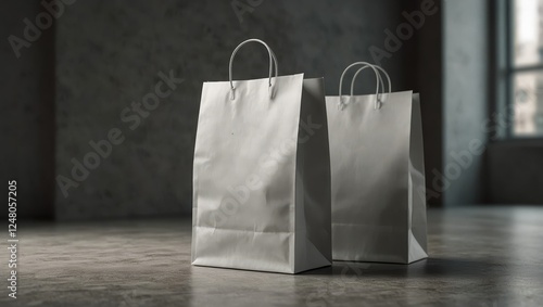 A professional mockup featuring elegant white blank paper bags standing upright with customizable fronts
