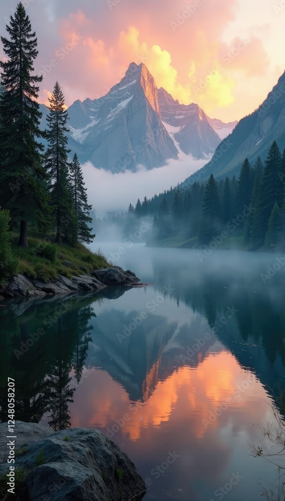 Fototapeta premium Misty morning dawn breaks over serene mountain lake, forest, trees, serene