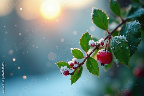 mistletoe sprig with attached tiny berries and white flowers on a frosty windowpane, mistletoe, evergreen, sparkle
