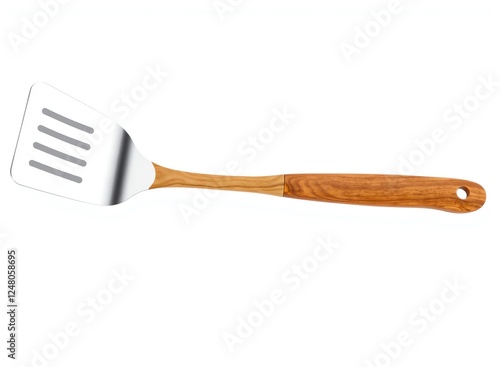 an image of a spatula with a wooden handle on a white background, there is a spatula with a wooden handle on a white surface photo