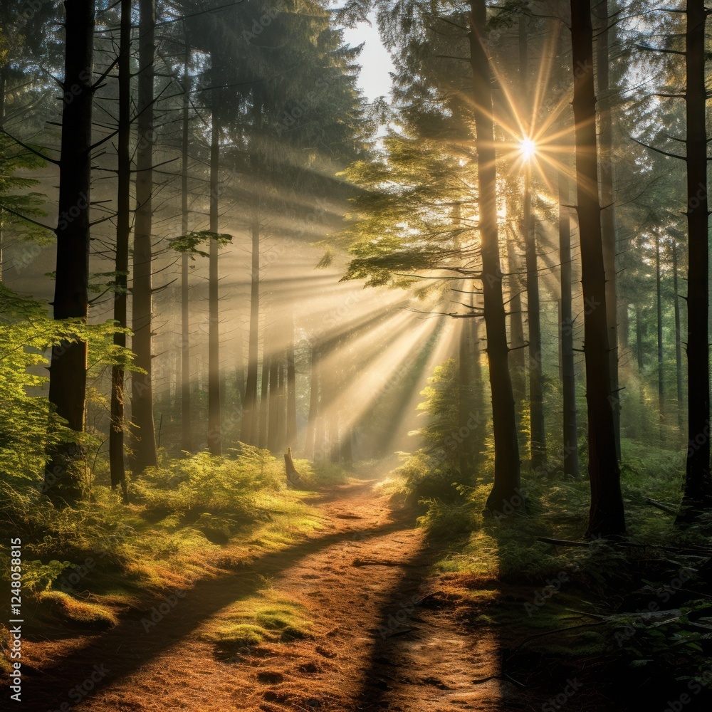 Obraz premium Sunbeam between large trees in a quiet fir in the morning. AI generated