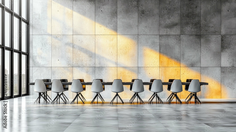 Naklejka premium Modern Concrete Office Interior Design: Sunlight Streaming Through Large Windows, Illuminating a Minimalist Conference Room with Sleek Chairs and Table
