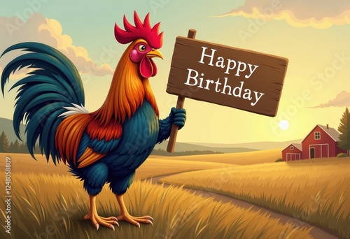 Vibrant Rooster Wishes Happy Birthday with Wooden Sign in Rustic Field Scene photo