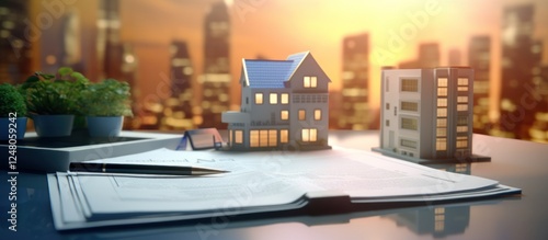 Concept sales advertisement A Real Estate, with Contract Form and pens Over Desk. AI generated image