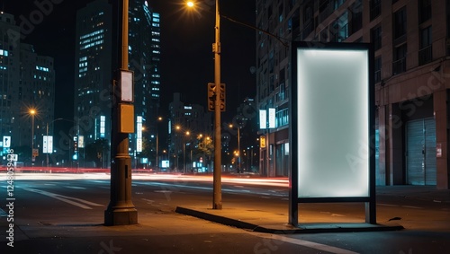 Modern Empty Roadside Signboard Glowing Amid Vibrant Metropolitan Nightscape

