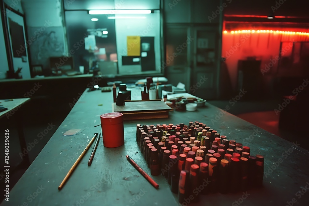 Fototapeta premium Artist's Studio Workspace with Colorful Crayons