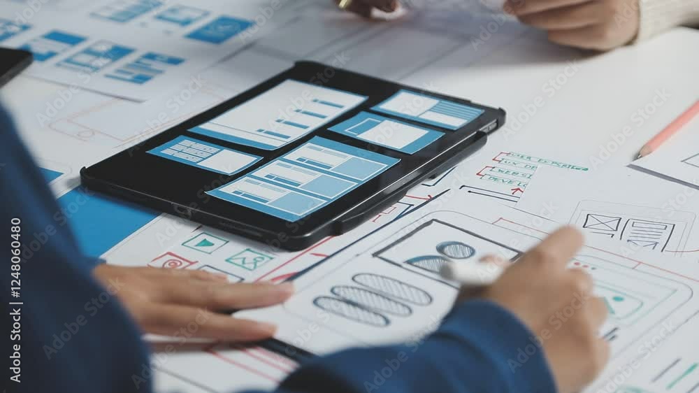 Close up top view Asian ux developer and ui designer hand brainstorming about mobile app interface wireframe design on table color code at modern office.Creative digital development agency