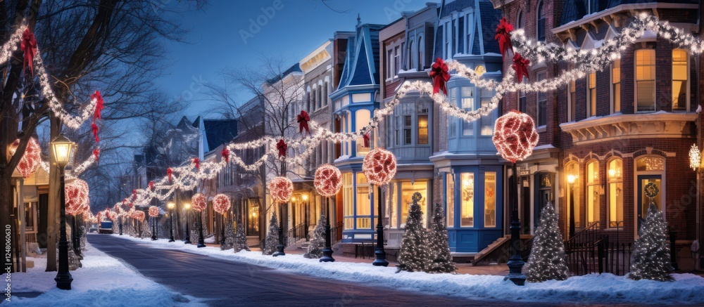 Obraz premium Christmas Lights outside on a white Houses color and trees at night.